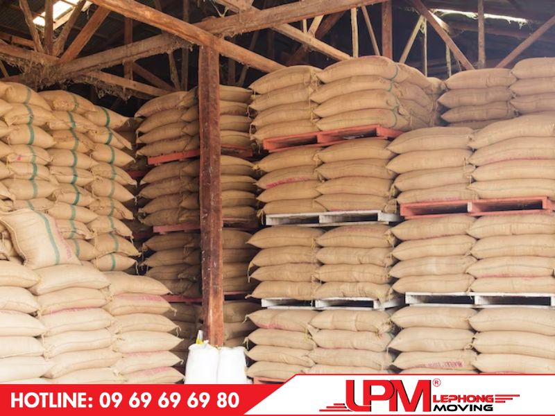 Sàn nhà được lắp tấm pallet giúp chống ẩm gạo và ngăn côn trùng gây hại